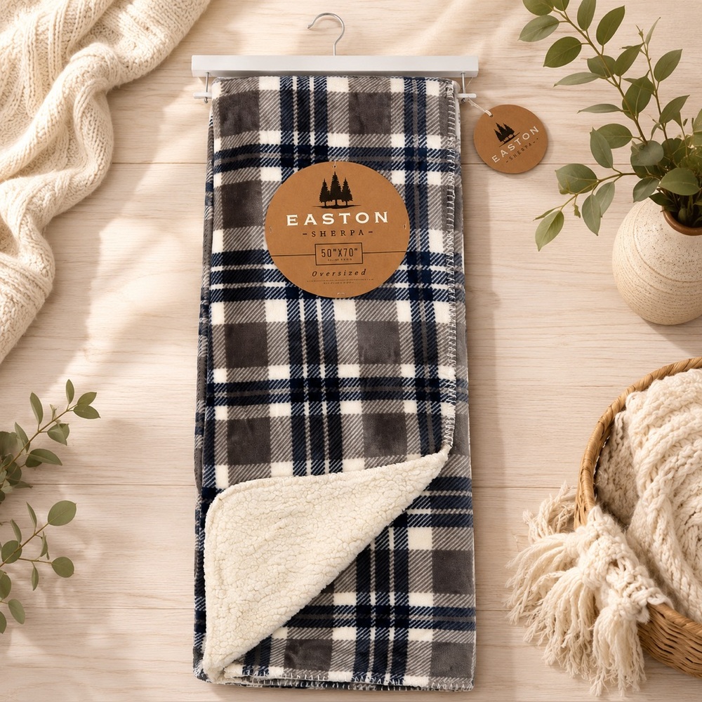 *New* Easton Sherpa Oversized Blanket Dark Blue/Gray/White